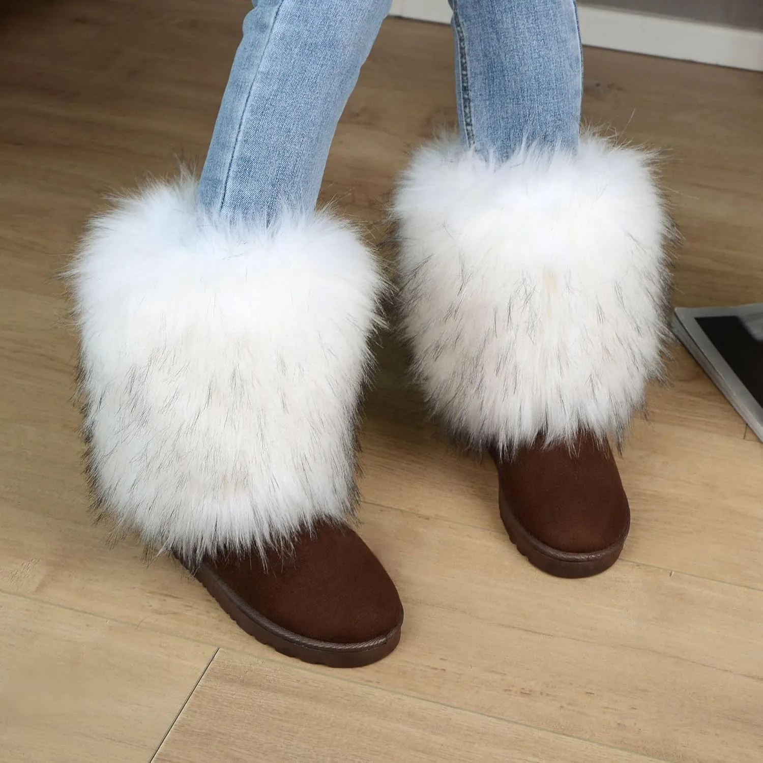 Fuzzy Fluffy Boots for Women Classic Warm Suede Slip On Mid-calf Snow Boot Comfortable Natural Fur Winter Flat Shoes Girl Outdoor Indoor