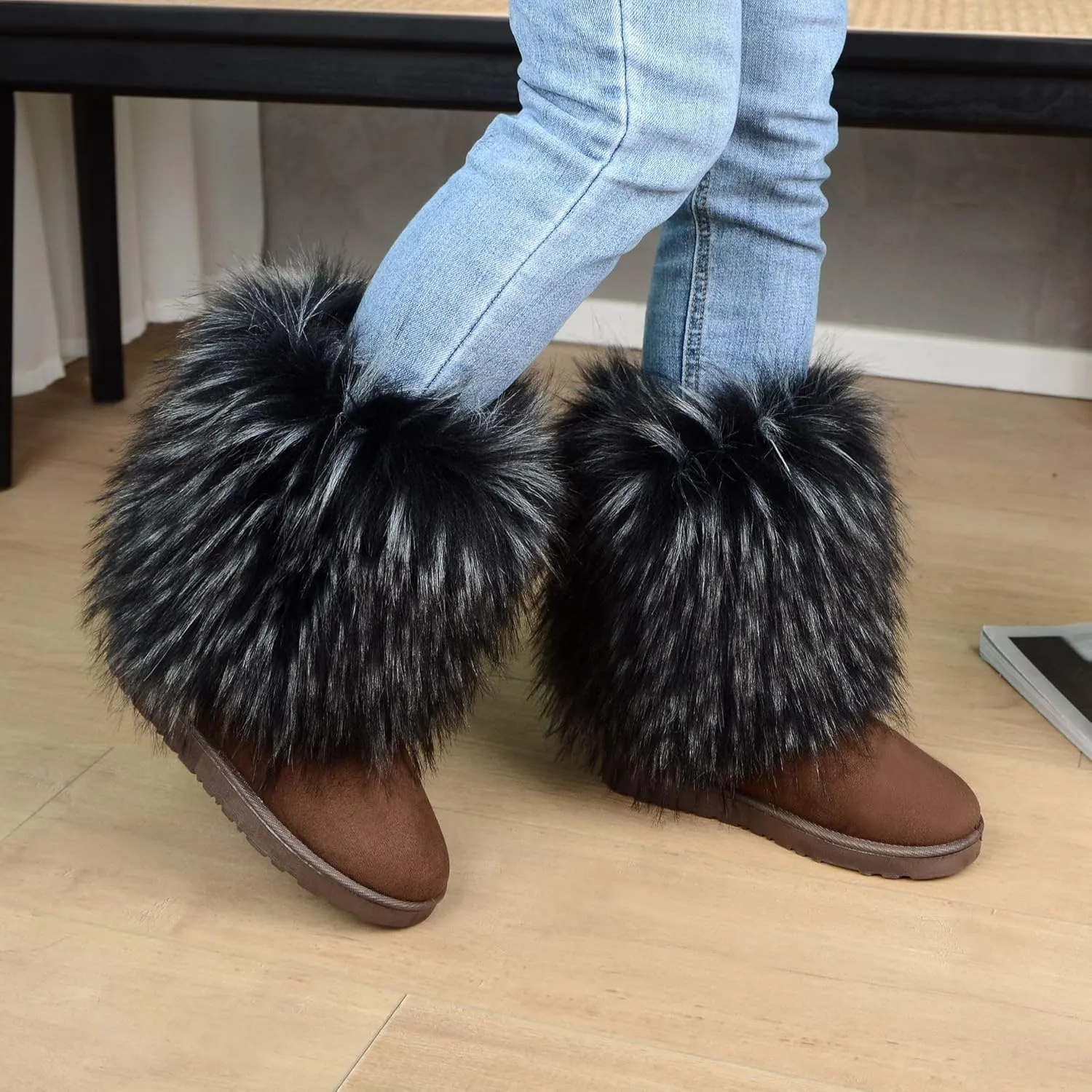 Fuzzy Fluffy Boots for Women Classic Warm Suede Slip On Mid-calf Snow Boot Comfortable Natural Fur Winter Flat Shoes Girl Outdoor Indoor