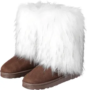 Fuzzy Fluffy Boots for Women Classic Warm Suede Slip On Mid-calf Snow Boot Comfortable Natural Fur Winter Flat Shoes Girl Outdoor Indoor
