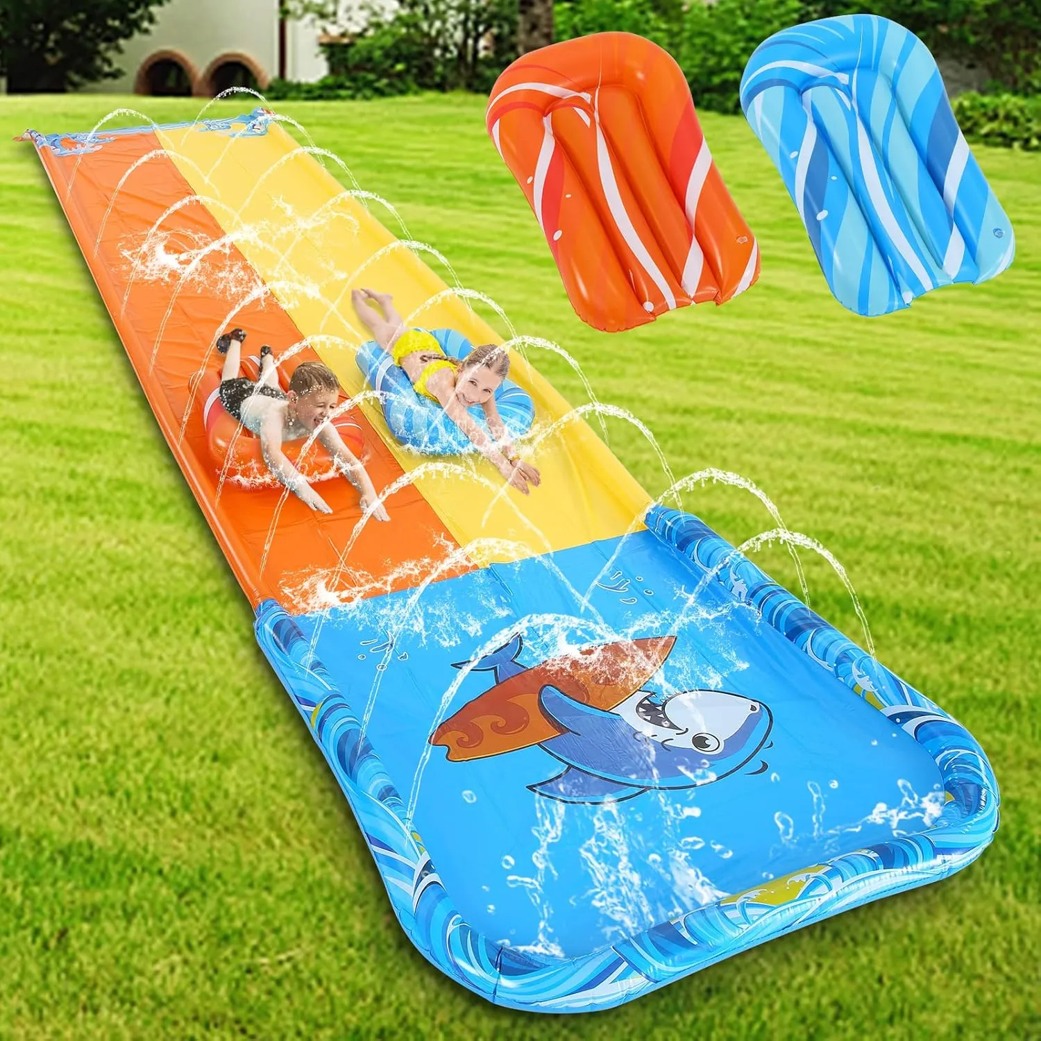 GAOMON Slip Water Slide for Kids Adult,Inflatable Water Splash Slide Summer Outdoor Toys with 2 Bodyboards Lanes Slip Racing Lawn Water Slide with Water Sprayer Build in Sprinkler for Backyard 20ft