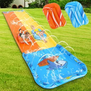 GAOMON Slip Water Slide for Kids Adult,Inflatable Water Splash Slide Summer Outdoor Toys with 2 Bodyboards Lanes Slip Racing Lawn Water Slide with Water Sprayer Build in Sprinkler for Backyard 20ft