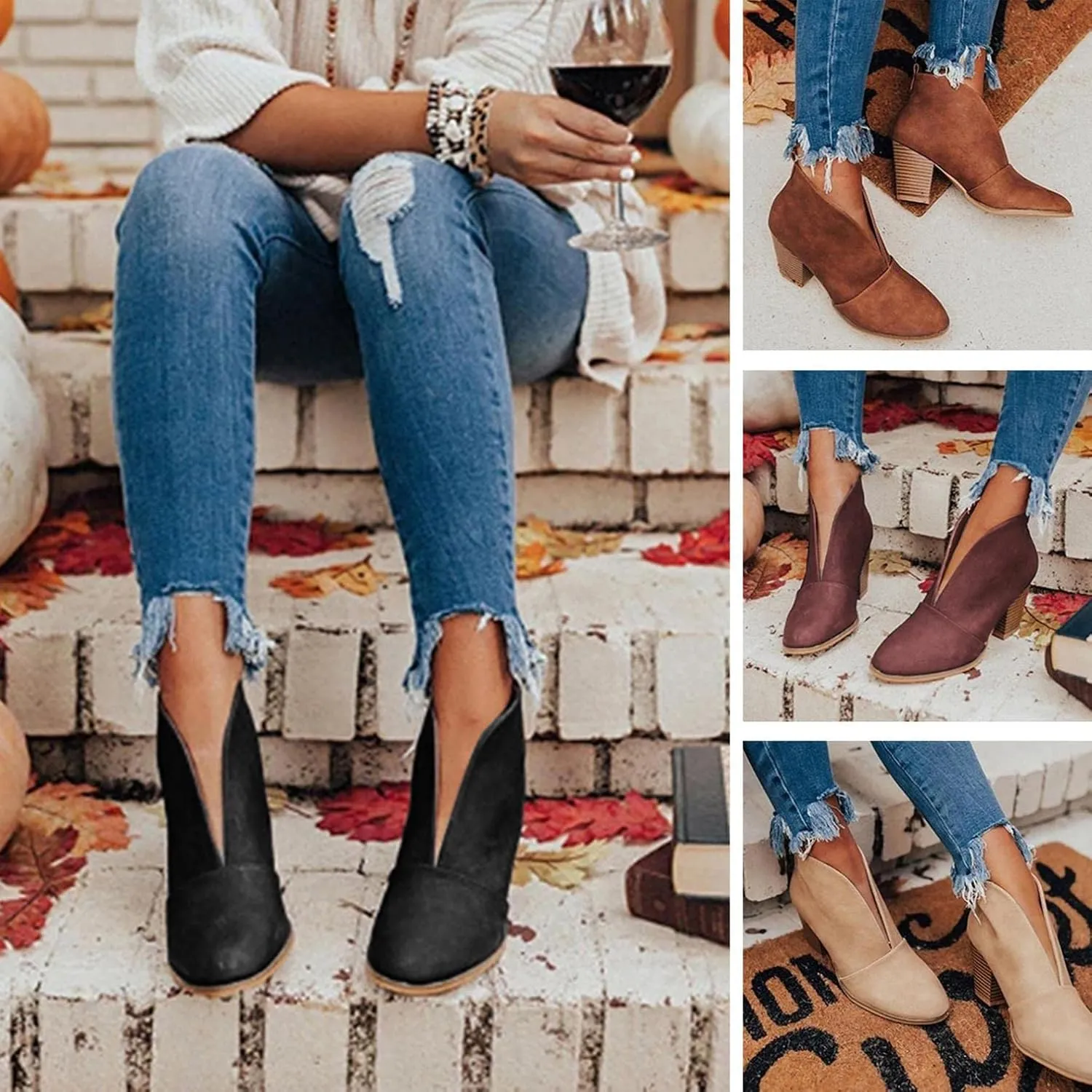 Gibobby Ankle Boot for Women Low Heel Womens Cowboy Boots Pointed Toe Faux Stacked Chunky Heels V Cut Zipper Booties