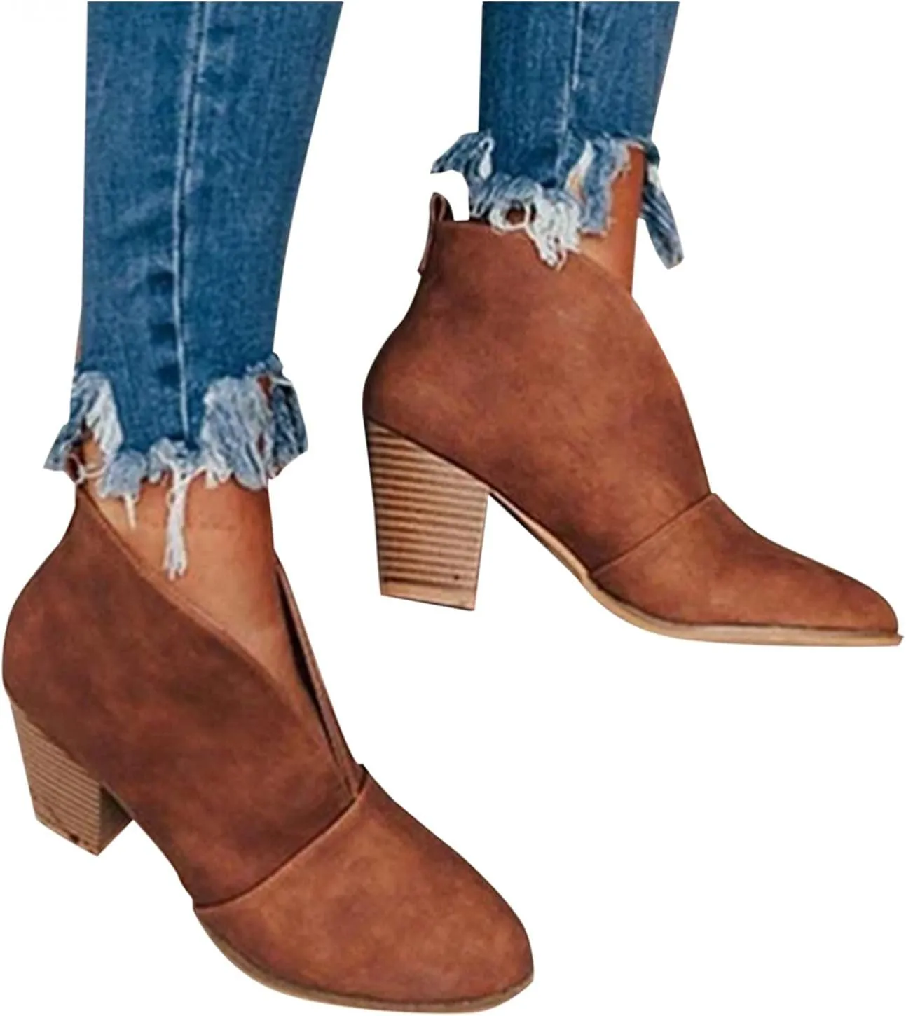 Gibobby Ankle Boot for Women Low Heel Womens Cowboy Boots Pointed Toe Faux Stacked Chunky Heels V Cut Zipper Booties