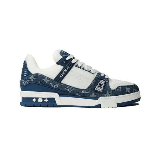 Giveaway offer Denim Louis Vuitton LV Trainer White Monogram Blue Cyber Monday deal