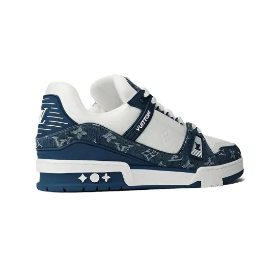 Giveaway offer Denim Louis Vuitton LV Trainer White Monogram Blue Cyber Monday deal