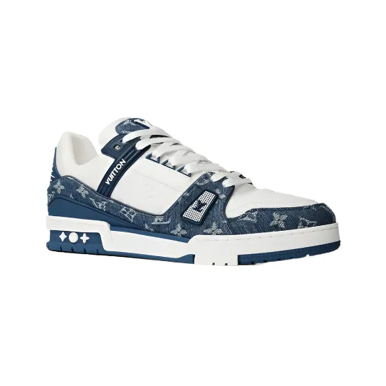 Giveaway offer Denim Louis Vuitton LV Trainer White Monogram Blue Cyber Monday deal