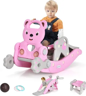 GLACER 5 in 1 Toddler Slide Rocking Toy, Rocking Horse Playset with Slide, Basketball Hoop, Ring Toss Game, Stool & Inflatable Basketball, Convertible Climber Playground for Indoors Outdoors (Pink)