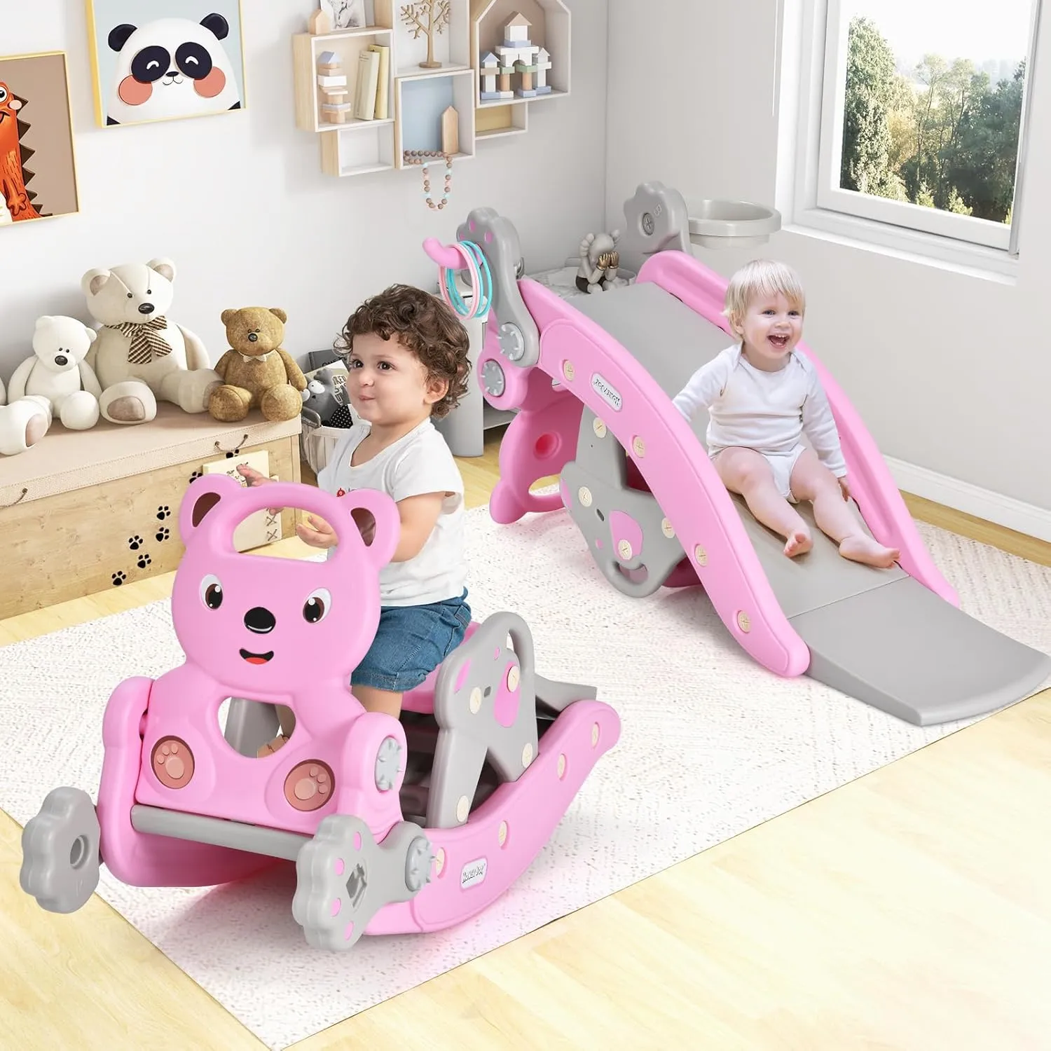 GLACER 5 in 1 Toddler Slide Rocking Toy, Rocking Horse Playset with Slide, Basketball Hoop, Ring Toss Game, Stool & Inflatable Basketball, Convertible Climber Playground for Indoors Outdoors (Pink)