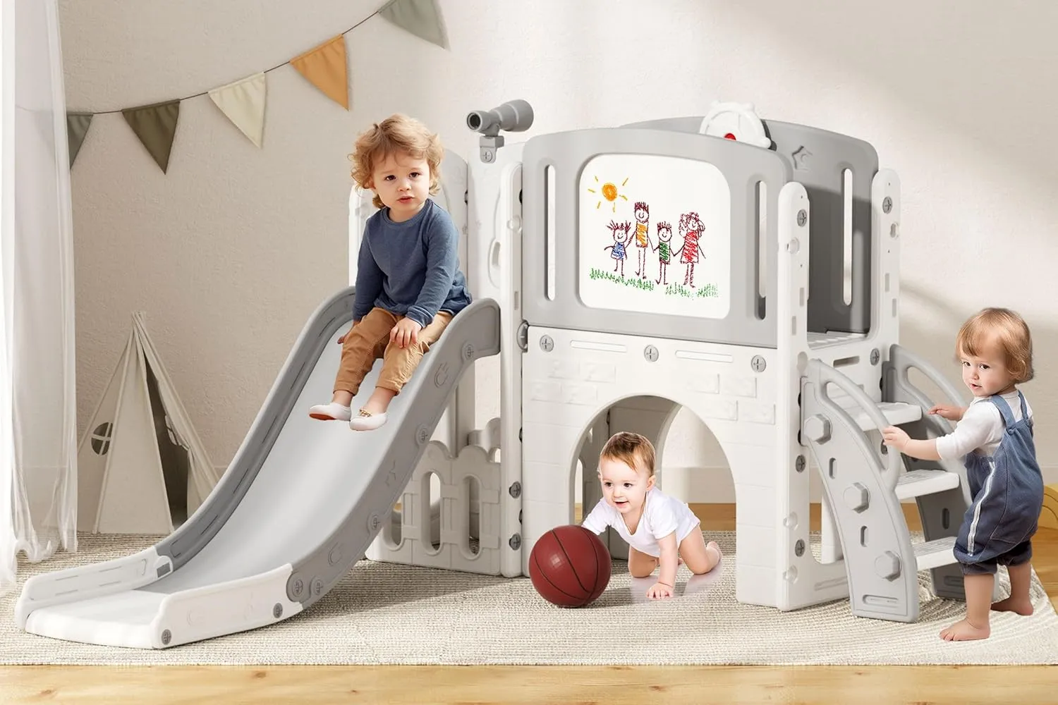 Glaf Toddler Slide 9 in 1 Outdoor Playset Kids Slides for Toddlers Age 1-3 Baby Indoor Playground with Climber Basketball Hoop Telescope Drawing Board and Storage Space for Backyard (Grey)