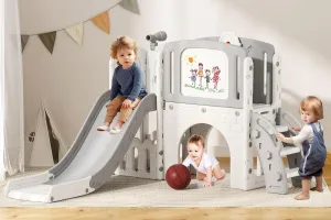 Glaf Toddler Slide 9 in 1 Outdoor Playset Kids Slides for Toddlers Age 1-3 Baby Indoor Playground with Climber Basketball Hoop Telescope Drawing Board and Storage Space for Backyard (Grey)