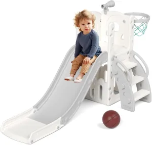 Glaf Toddler Slide for Age 1-3 Indoor Playground Outdoor Playset Kids Slides with Basketball Hoop and Ball Storage and Telescope Baby Climber Play Set for Boys and Girls, Grey