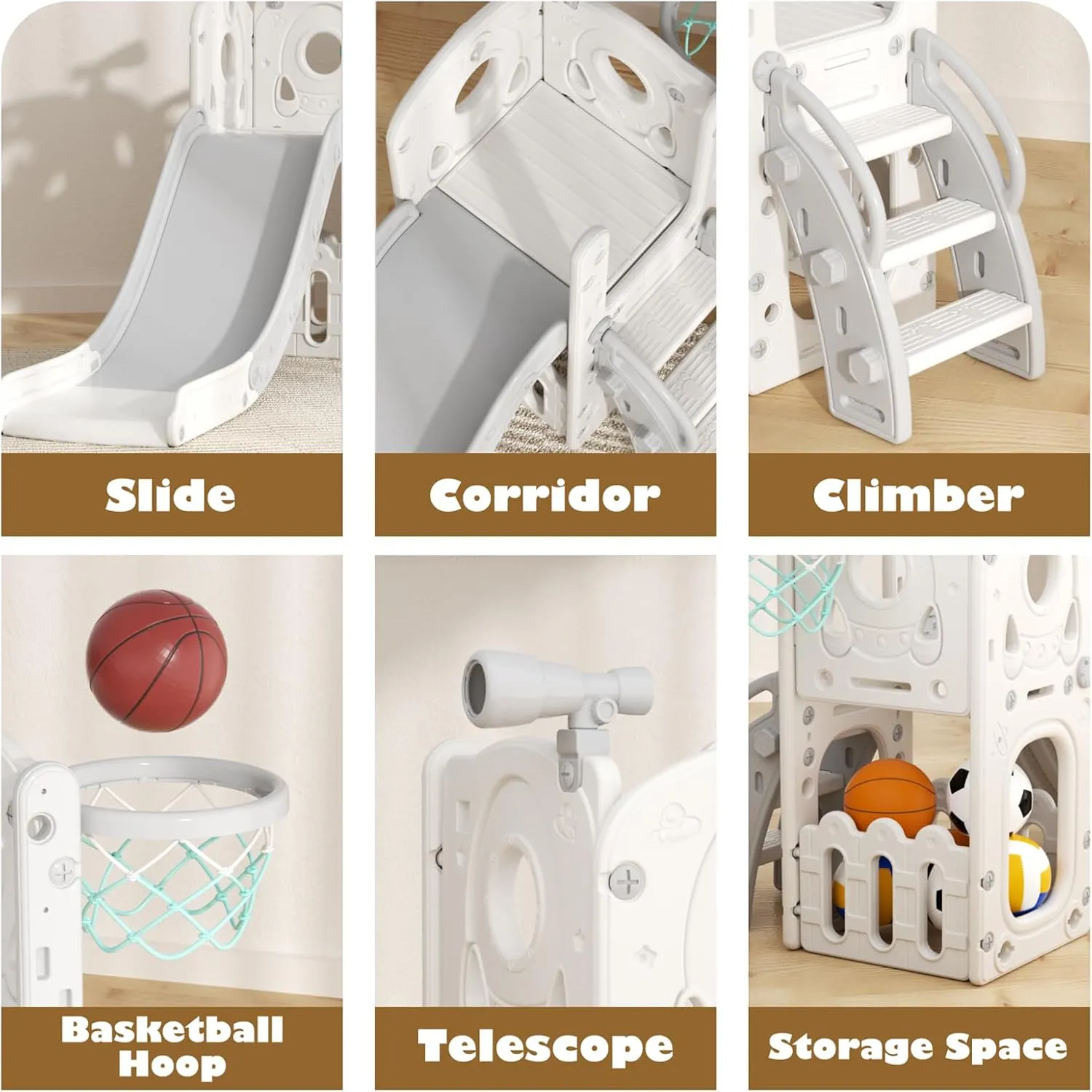Glaf Toddler Slide for Age 1-3 Indoor Playground Outdoor Playset Kids Slides with Basketball Hoop and Ball Storage and Telescope Baby Climber Play Set for Boys and Girls, Grey