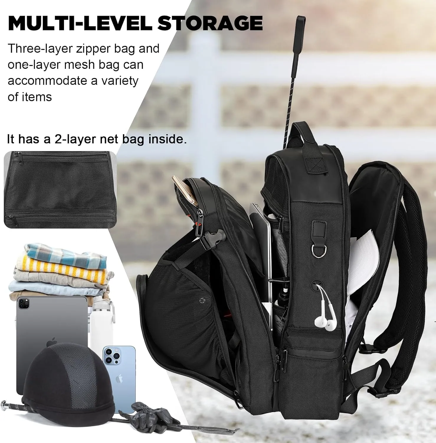 Goloni Professional Equestrian Backpack with Helmet Holder,Waterproof Horse Riding Boot Bag, One Bag with Multiple Compartments Carry All Accessories