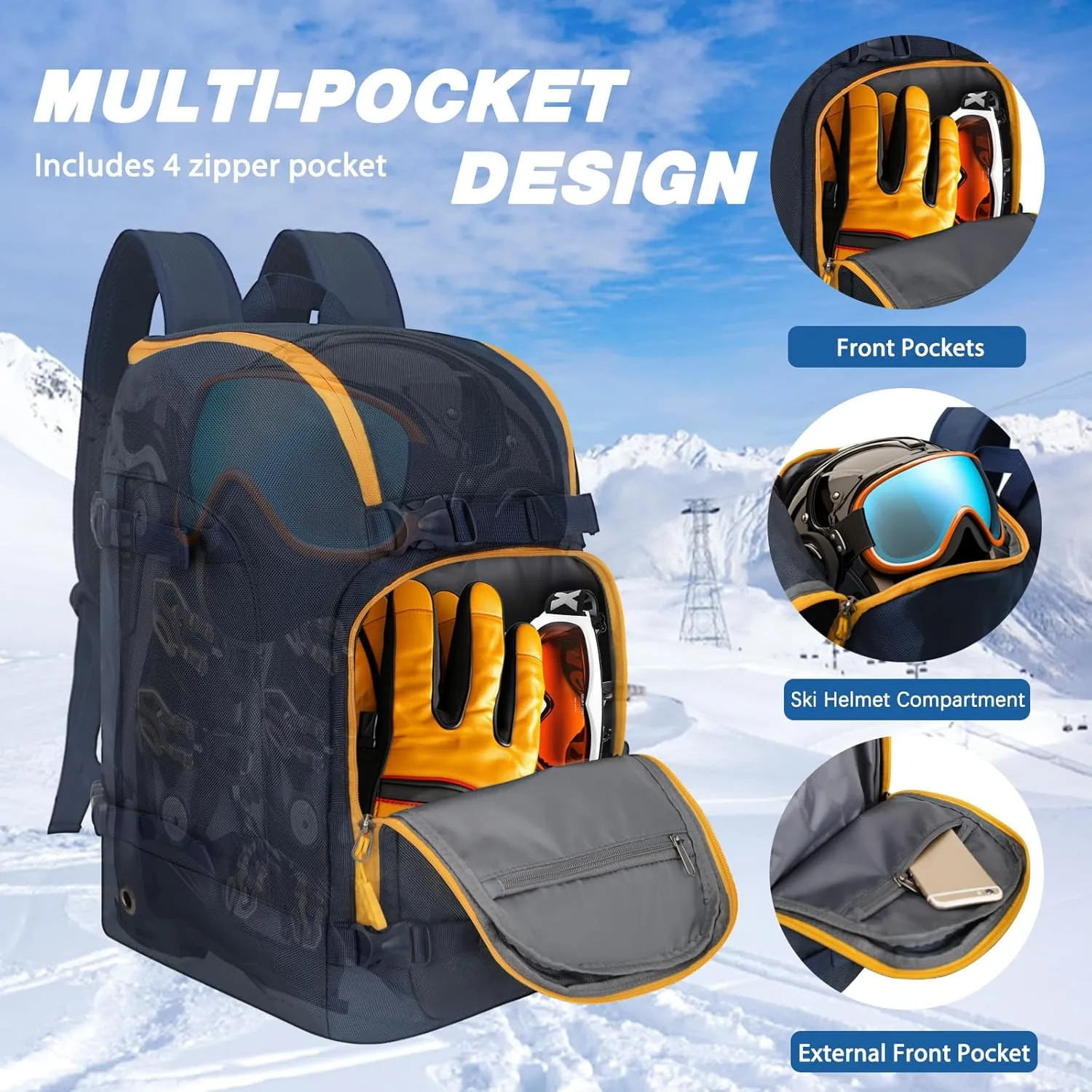 Goloni Ski Boot Bag - 50L Waterproof Ski and Snowboard Boots Travel Backpack for Skis, Snowboard, Ski Helmet, & Accessories