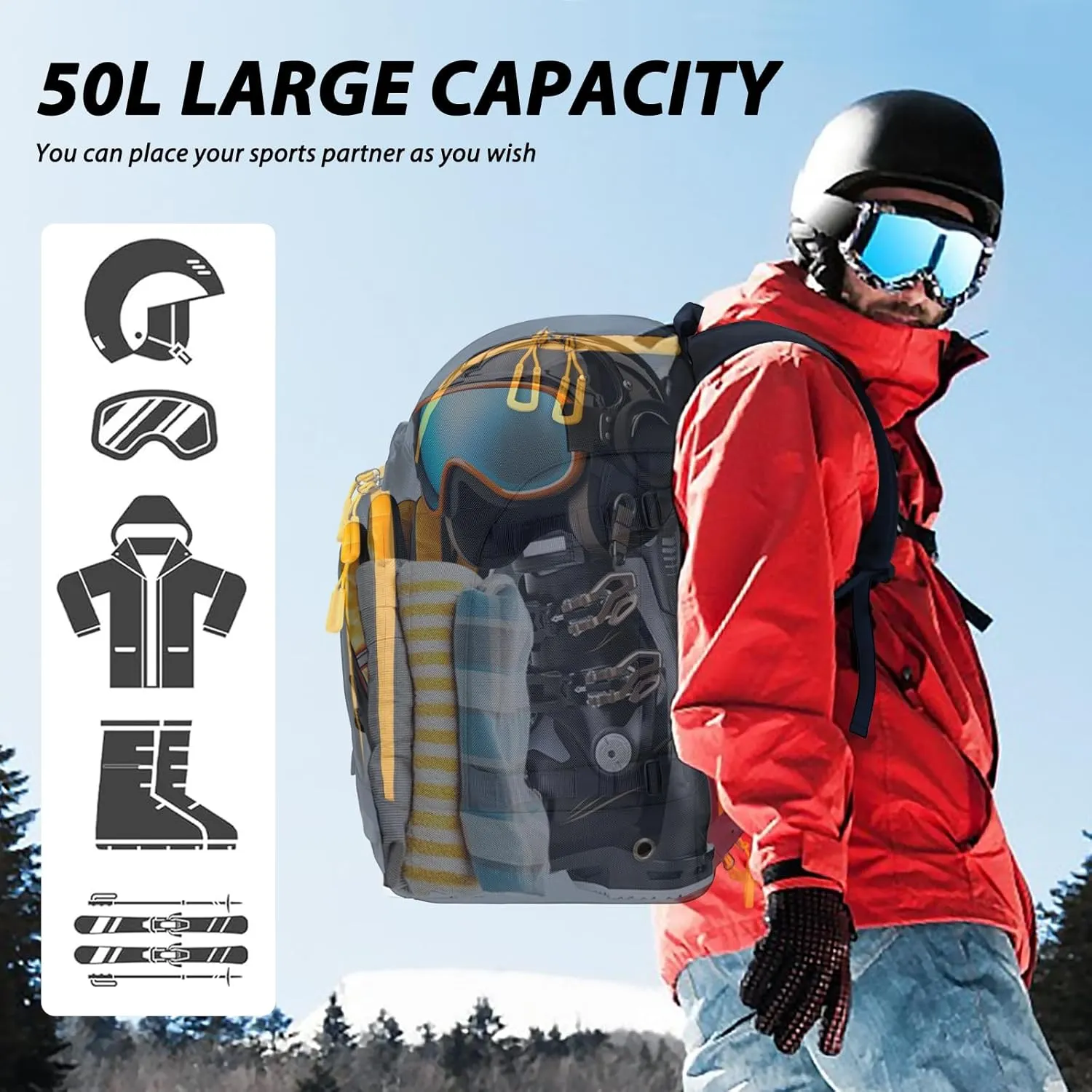 Goloni Ski Boot Bag - 50L Waterproof Ski and Snowboard Boots Travel Backpack for Skis, Snowboard, Ski Helmet, & Accessories