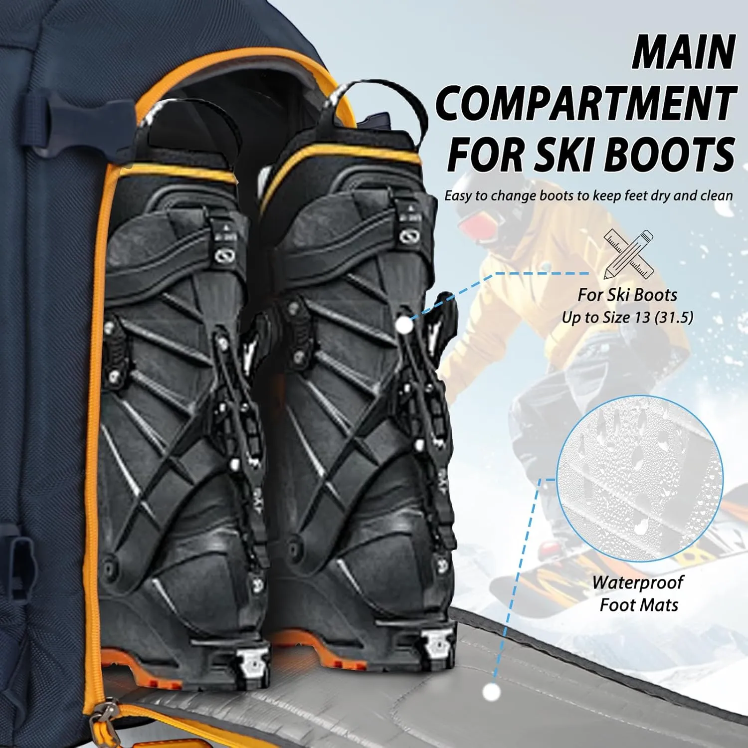 Goloni Ski Boot Bag - 50L Waterproof Ski and Snowboard Boots Travel Backpack for Skis, Snowboard, Ski Helmet, & Accessories