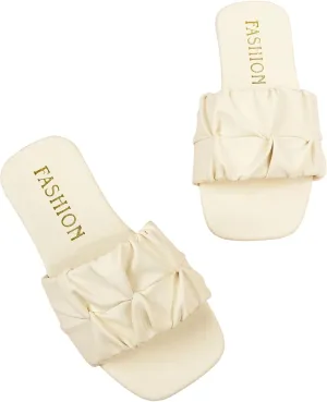 GORGLITTER Girl's Ruched Leather Sandals Dressy Square Open Toe Trendy Slide Sandals