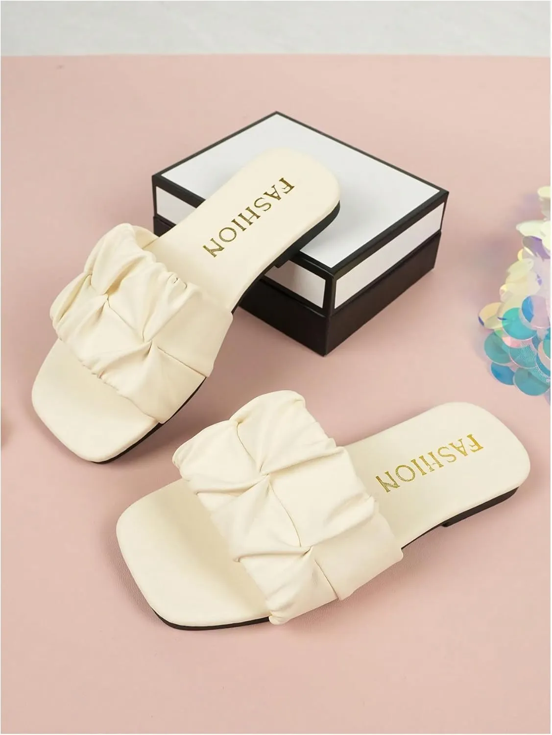GORGLITTER Girl's Ruched Leather Sandals Dressy Square Open Toe Trendy Slide Sandals