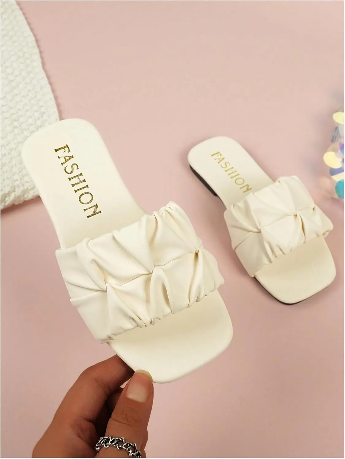 GORGLITTER Girl's Ruched Leather Sandals Dressy Square Open Toe Trendy Slide Sandals