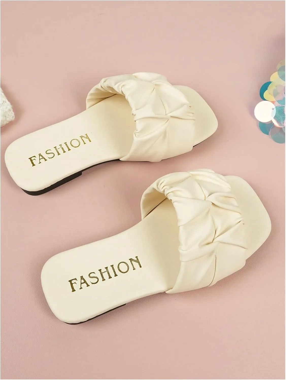 GORGLITTER Girl's Ruched Leather Sandals Dressy Square Open Toe Trendy Slide Sandals
