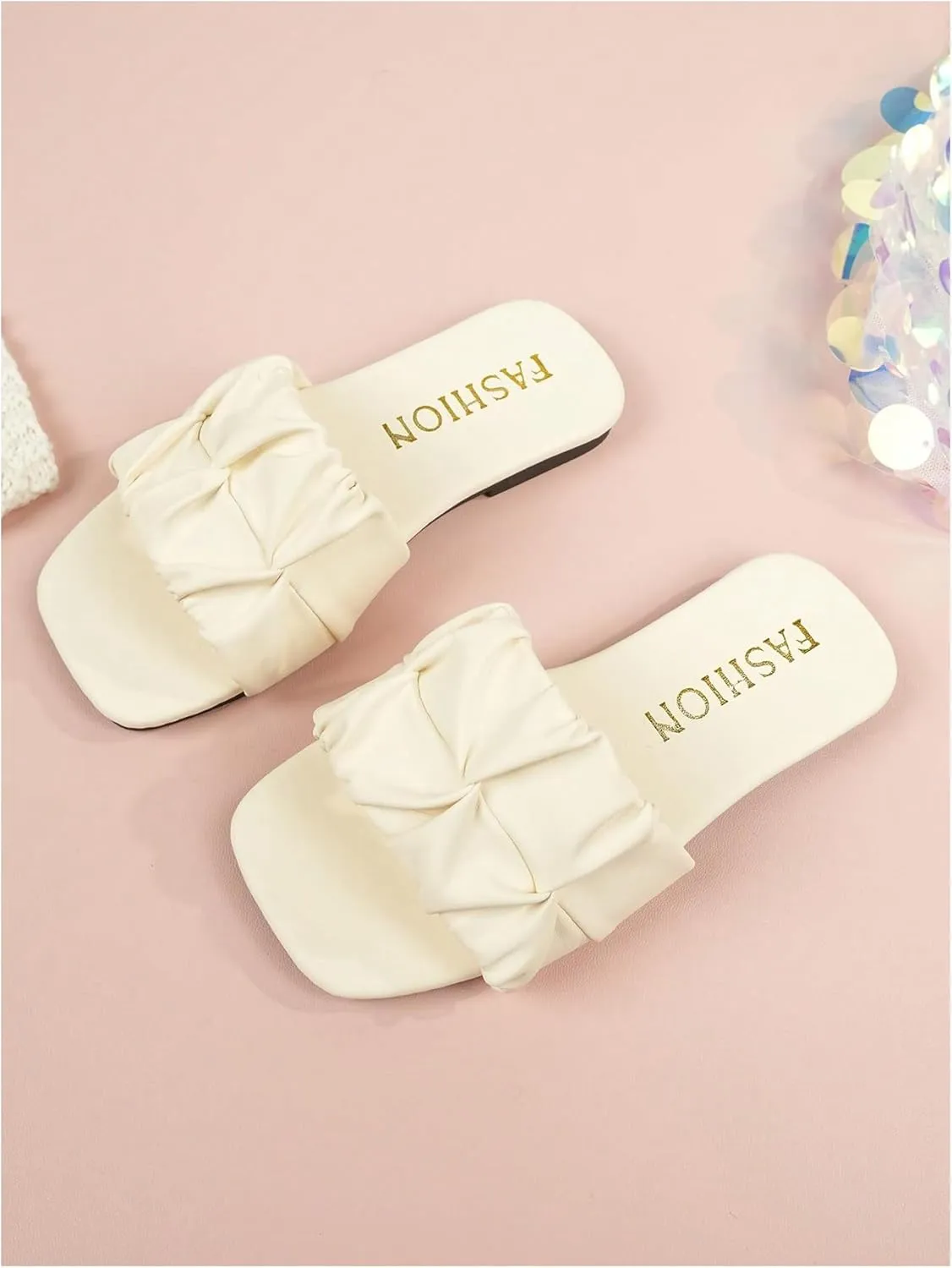 GORGLITTER Girl's Ruched Leather Sandals Dressy Square Open Toe Trendy Slide Sandals