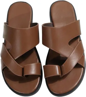 GORGLITTER Men's Beach Leather Sandals Slide Footwear Round Flip Flops Pu Slip On Slippers