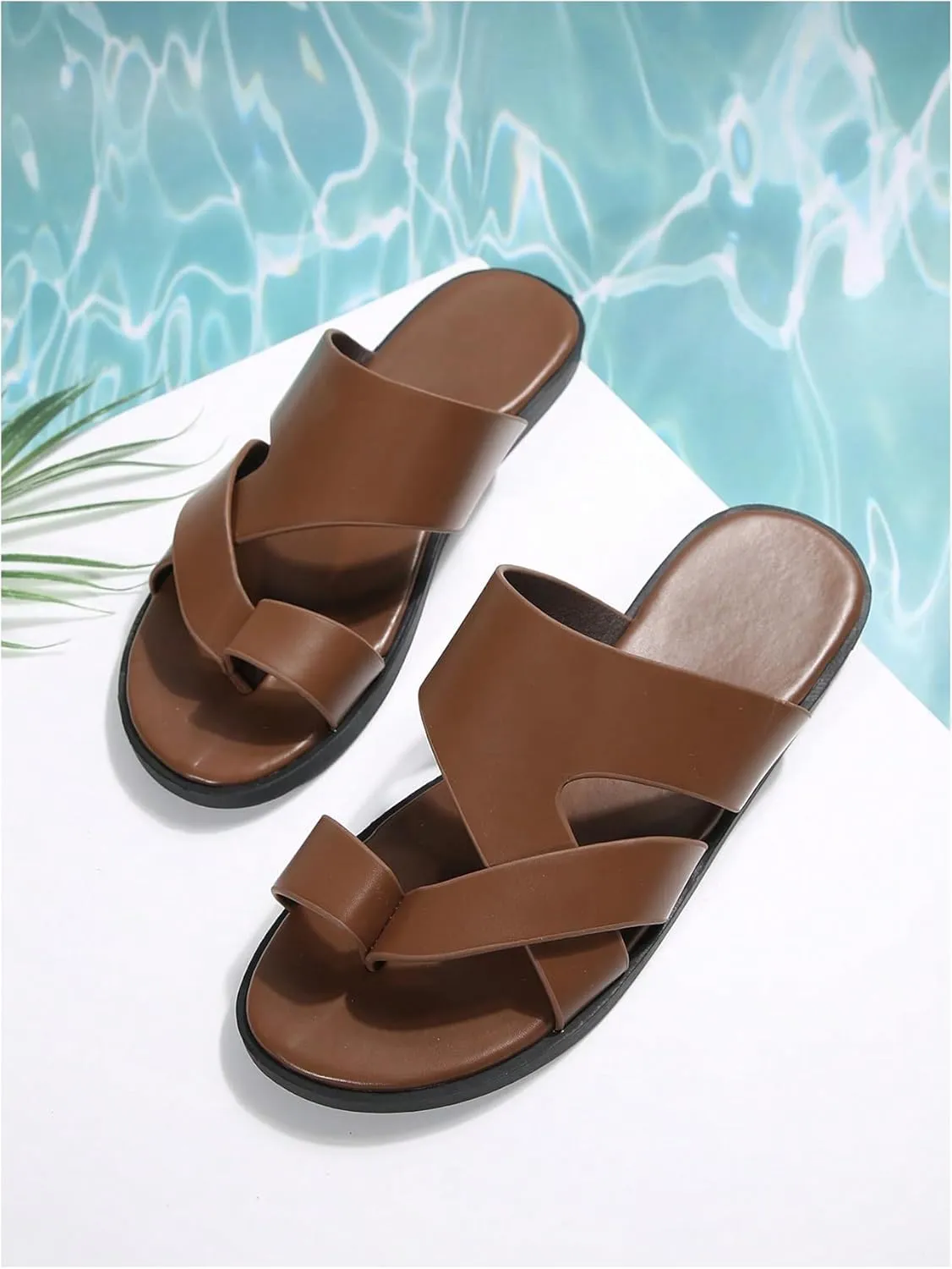 GORGLITTER Men's Beach Leather Sandals Slide Footwear Round Flip Flops Pu Slip On Slippers