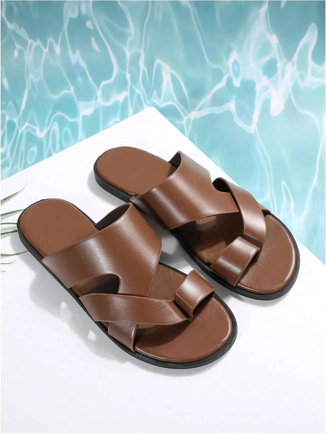 GORGLITTER Men's Beach Leather Sandals Slide Footwear Round Flip Flops Pu Slip On Slippers