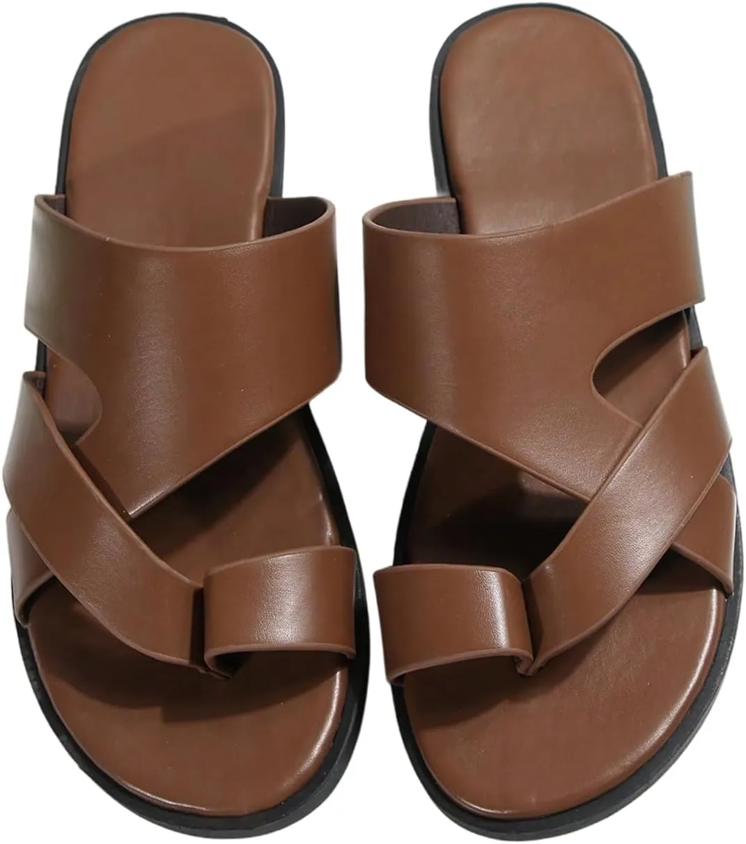 GORGLITTER Men's Beach Leather Sandals Slide Footwear Round Flip Flops Pu Slip On Slippers