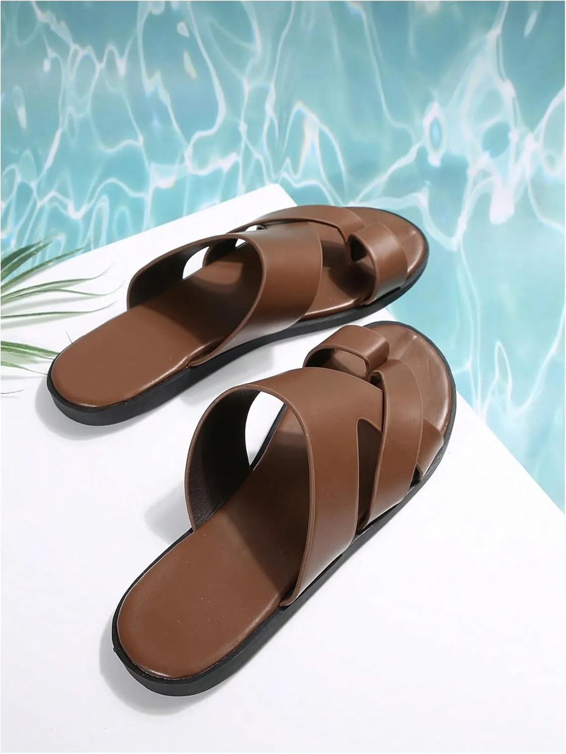GORGLITTER Men's Beach Leather Sandals Slide Footwear Round Flip Flops Pu Slip On Slippers