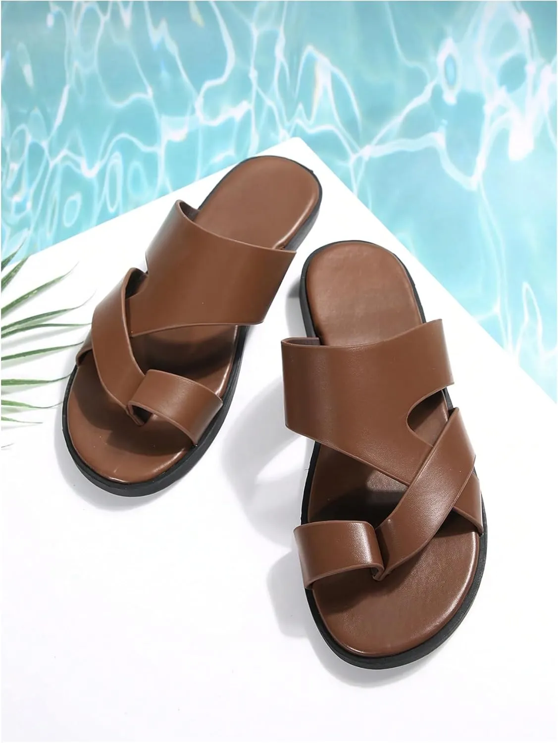 GORGLITTER Men's Beach Leather Sandals Slide Footwear Round Flip Flops Pu Slip On Slippers