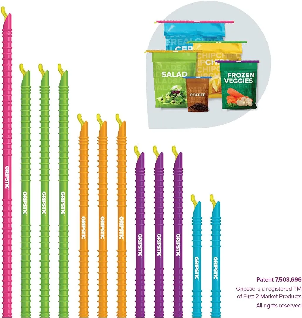 GripStic Bag Clips. 12pc Durable Food Clip Set for Kitchen Storage. Reusable Chip Bag Clips. Color Coded Bag Closure Sticks Provide Air Tight Seal. Durable Cereal Bag Clips. Chip Clips Reinvented.