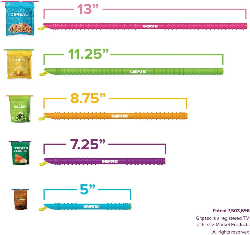 GripStic Bag Clips. 12pc Durable Food Clip Set for Kitchen Storage. Reusable Chip Bag Clips. Color Coded Bag Closure Sticks Provide Air Tight Seal. Durable Cereal Bag Clips. Chip Clips Reinvented.
