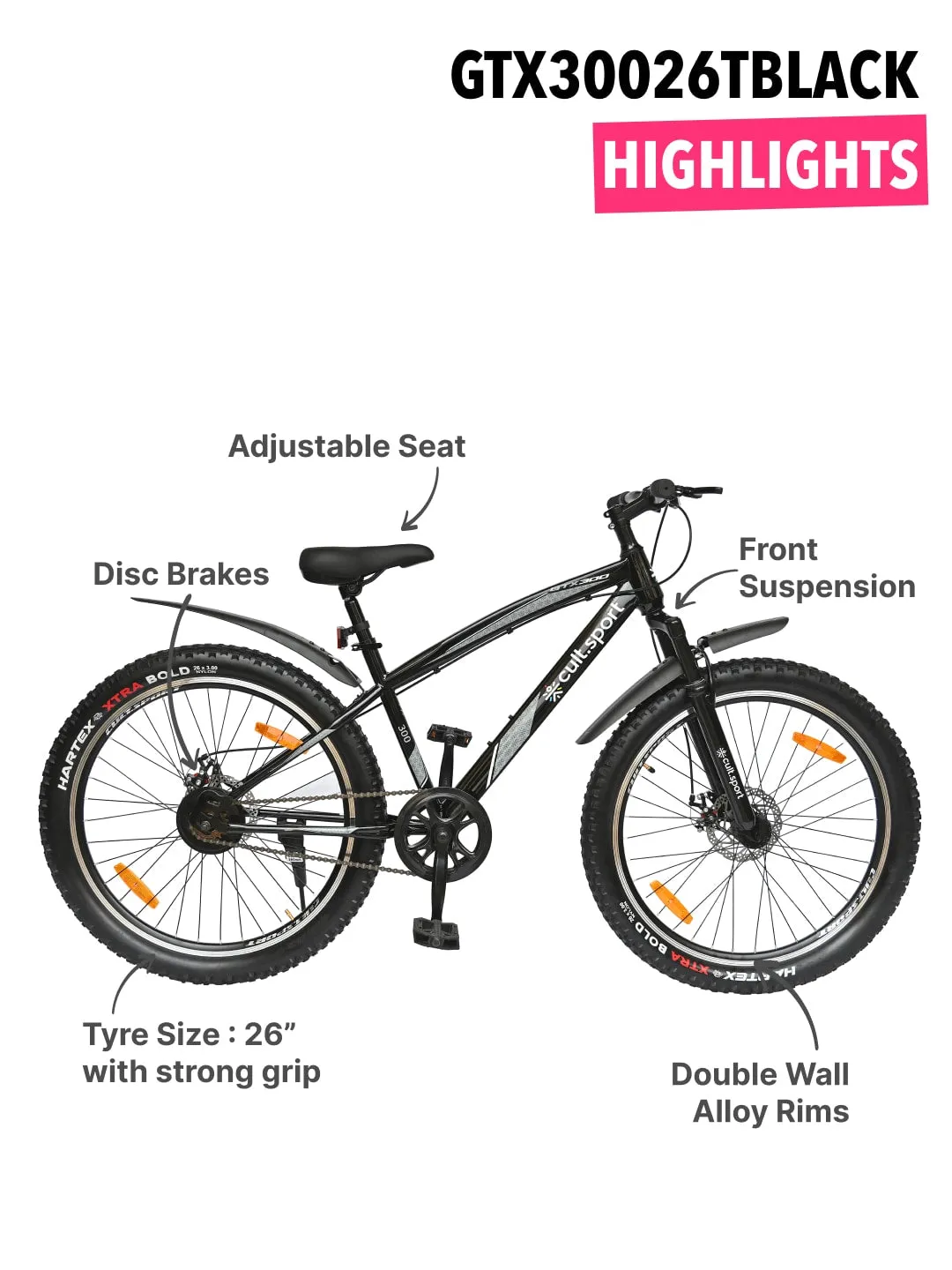 GTX30026TBLACK Steel Single Speed 26 inch Mountain Cycle, Front Suspension, Double Wall Rim, Free Trainer Sessions and Cycling Event