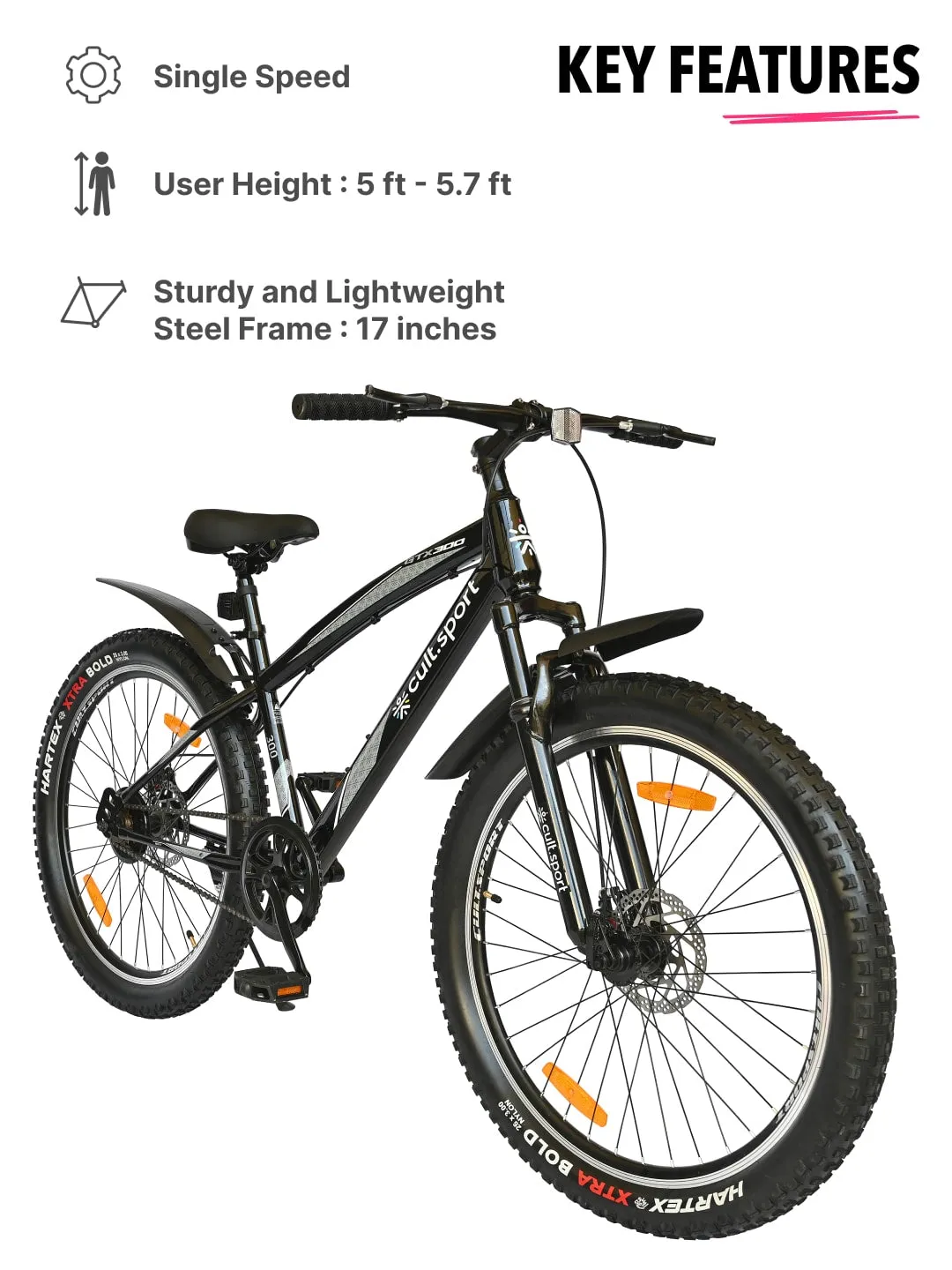 GTX30026TBLACK Steel Single Speed 26 inch Mountain Cycle, Front Suspension, Double Wall Rim, Free Trainer Sessions and Cycling Event