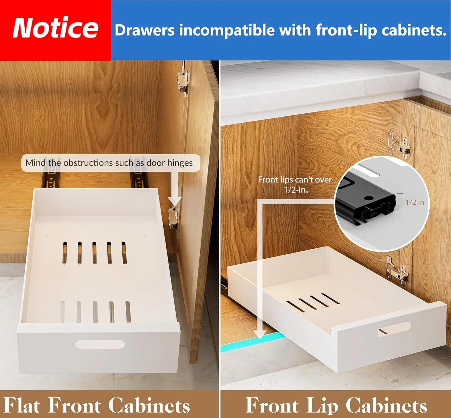 HBL' 2 Pack | 16.9" Deep Pull Out Cabinet Organizer Adhesive, 10-Inch Wide Sturdy Carbon Steel Roll-Out Drawers for Face Frame or Frameless Cabinets, Slide-Out Shelves for Pantry.