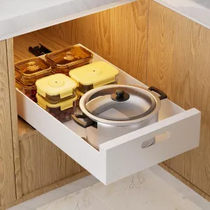 HBL' 2 Pack | 16.9" Deep Pull Out Cabinet Organizer Adhesive, 10-Inch Wide Sturdy Carbon Steel Roll-Out Drawers for Face Frame or Frameless Cabinets, Slide-Out Shelves for Pantry.