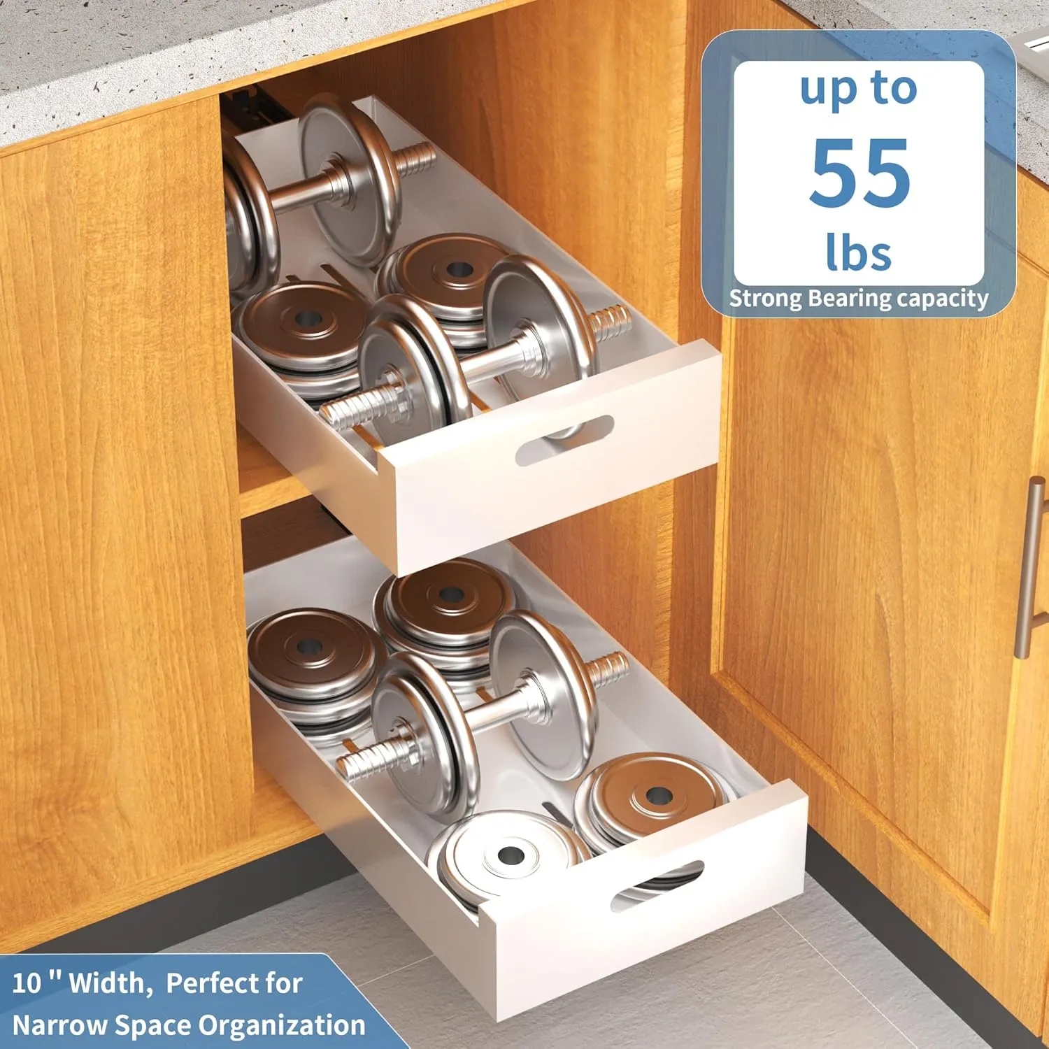 HBL' 2 Pack | 16.9" Deep Pull Out Cabinet Organizer Adhesive, 10-Inch Wide Sturdy Carbon Steel Roll-Out Drawers for Face Frame or Frameless Cabinets, Slide-Out Shelves for Pantry.