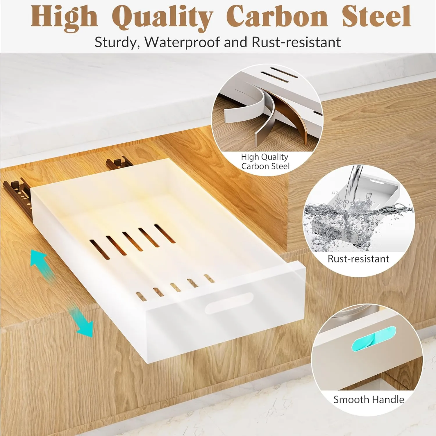 HBL' 2 Pack | 16.9" Deep Pull Out Cabinet Organizer Adhesive, 10-Inch Wide Sturdy Carbon Steel Roll-Out Drawers for Face Frame or Frameless Cabinets, Slide-Out Shelves for Pantry.
