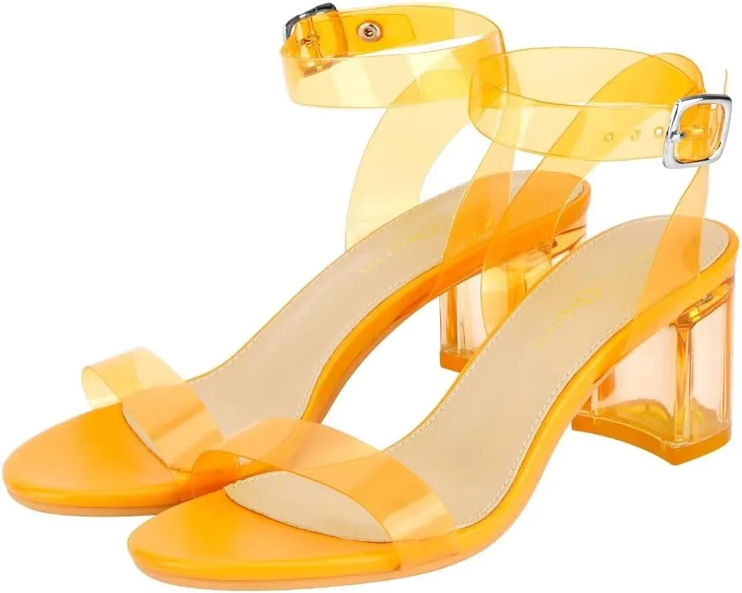 Heels Charm Women's Strappy Clear Chunky Clear Block Low Heeled Sandals 2 Inches Open Toe Ankle Strap High Heel Dress Sandals Daily Work Party Sandal Shoes
