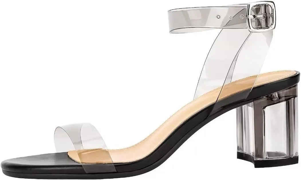 Heels Charm Women's Strappy Clear Chunky Clear Block Low Heeled Sandals 2 Inches Open Toe Ankle Strap High Heel Dress Sandals Daily Work Party Sandal Shoes