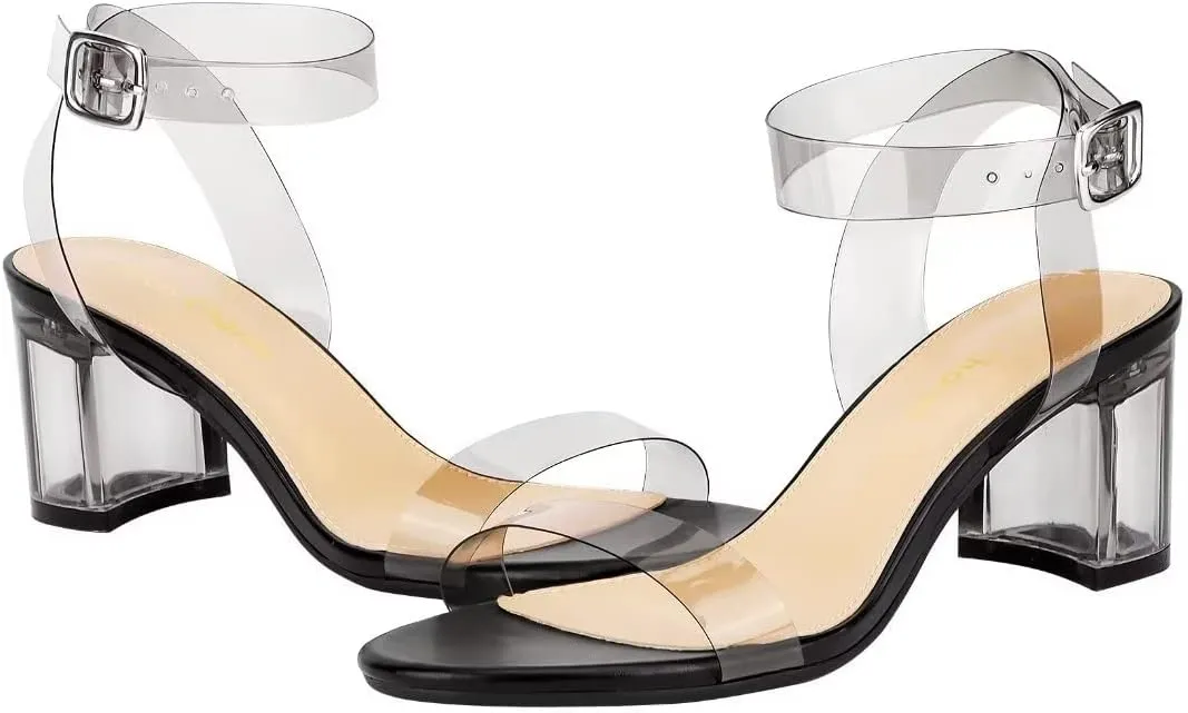 Heels Charm Women's Strappy Clear Chunky Clear Block Low Heeled Sandals 2 Inches Open Toe Ankle Strap High Heel Dress Sandals Daily Work Party Sandal Shoes