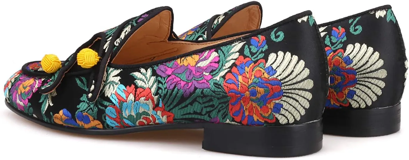 HI&HANN Men Silk Shoes Chinese Style Flower Men's Loafers Wedding and Party Smoking Slippers