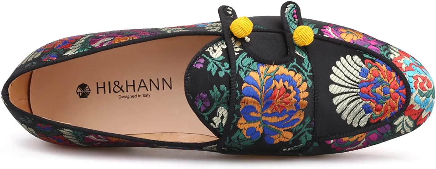 HI&HANN Men Silk Shoes Chinese Style Flower Men's Loafers Wedding and Party Smoking Slippers