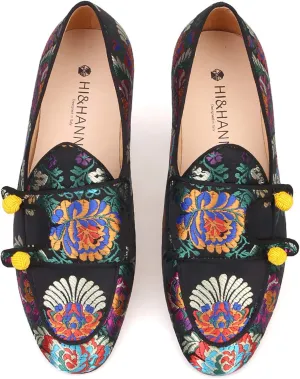 HI&HANN Men Silk Shoes Chinese Style Flower Men's Loafers Wedding and Party Smoking Slippers