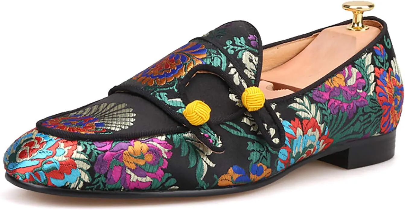 HI&HANN Men Silk Shoes Chinese Style Flower Men's Loafers Wedding and Party Smoking Slippers