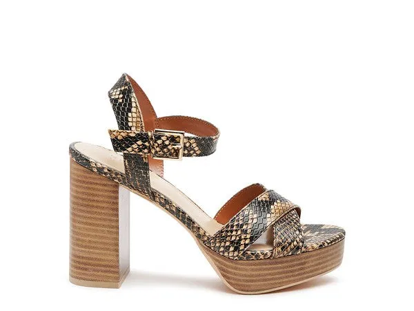 HIGH HEELED BLOCK SANDAL IN SNAKE
