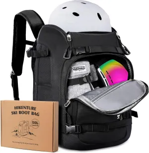 Hikenture Ski Boot Bag Backpack, 50L Padded Ski Bag & Snowboard Boot Bag with Drain Holes, Large Capacity Water-Resistant Ski Travel Bag for Ski Boots, Helmet, Goggles, Clothes, Gloves, Snowboard Gear