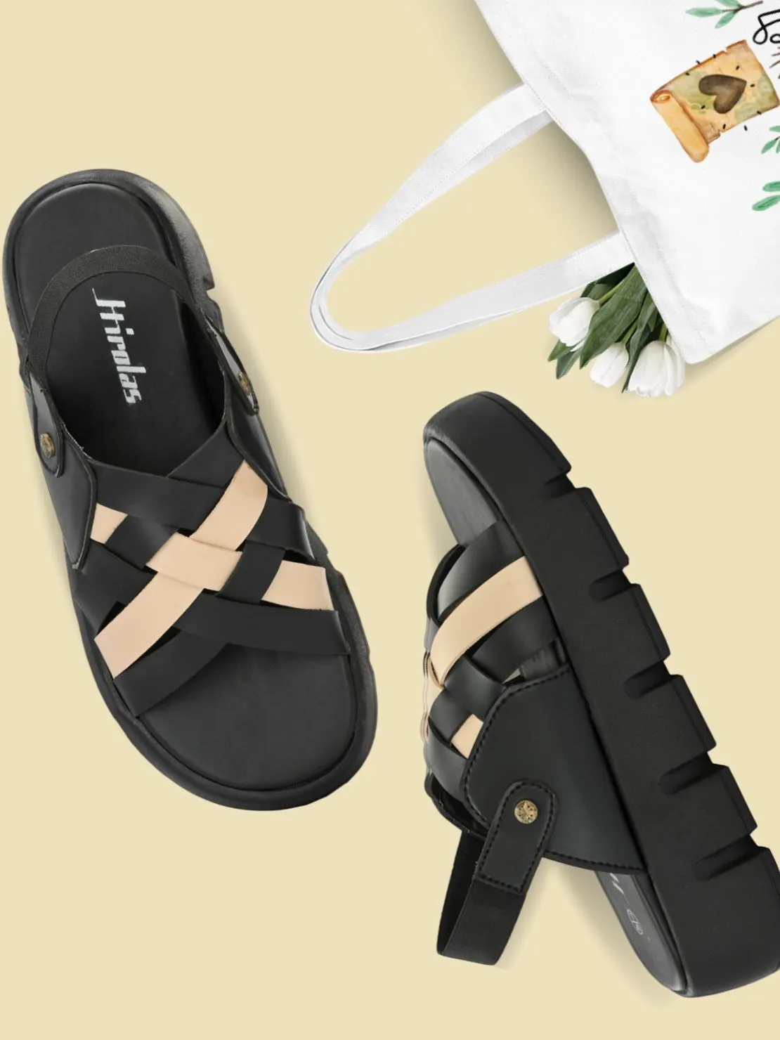 Hirolas® Women Black/Beige Chunky Platform _Sandals (HROWSL04BLB)