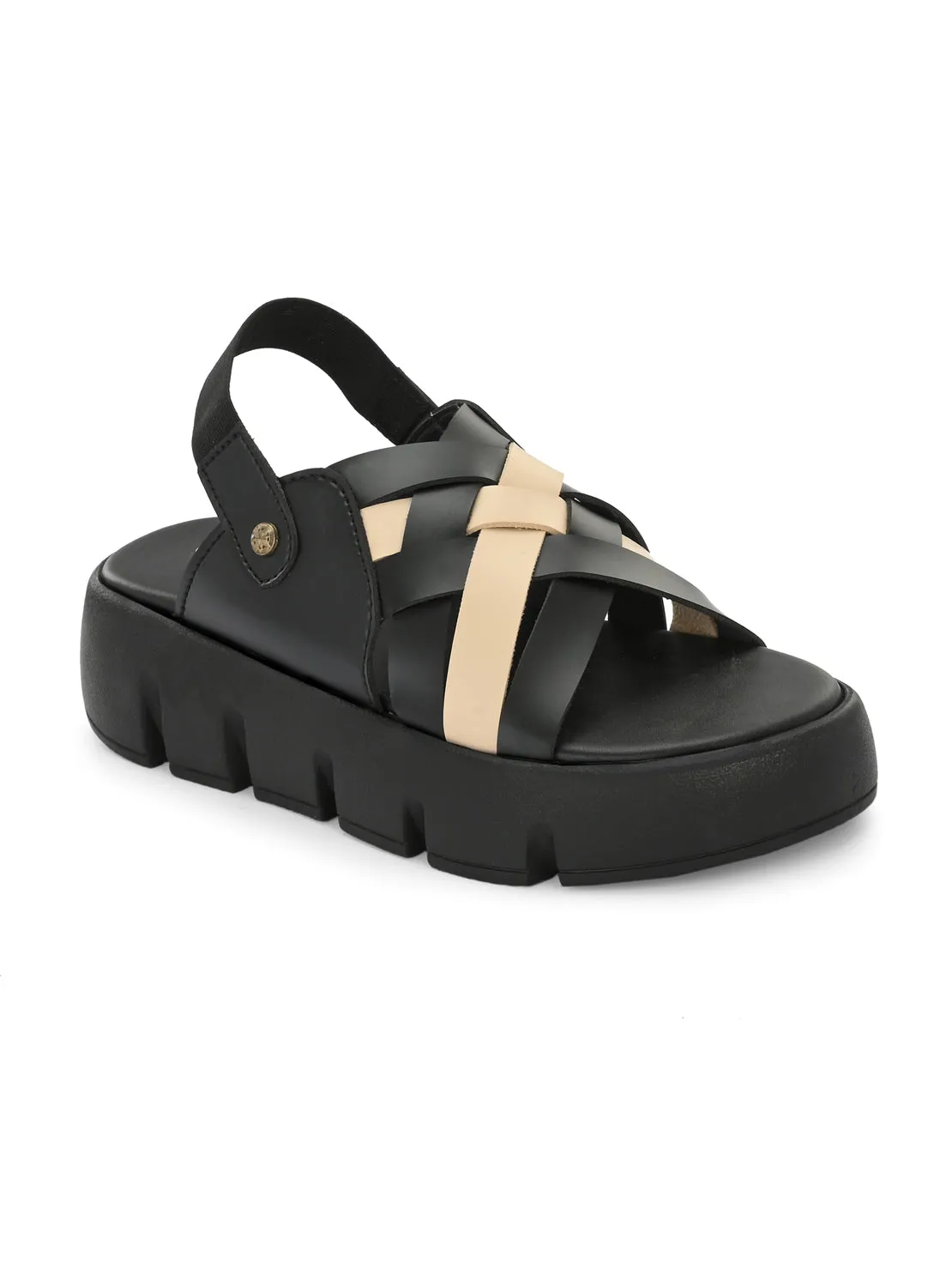Hirolas® Women Black/Beige Chunky Platform _Sandals (HROWSL04BLB)